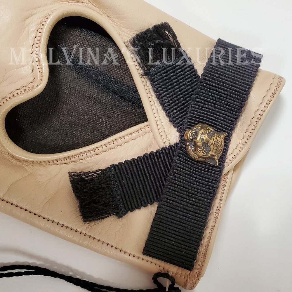 GUCCI GLOVES 477970 BEIGE LEATHER HEART CUT-OUT CAT FELINE HEAD - Picture 8 of 12